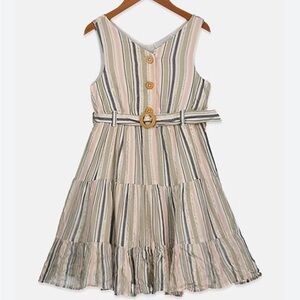 EUC Rare Editions Stripe Sleeveless Belted Dress, White and Grey Combo size 5